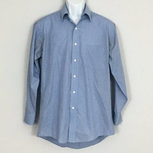 Stafford Mens 15 1/2 32 Blue Check Broadcloth Cotton Blend Long Sleeve Shirt